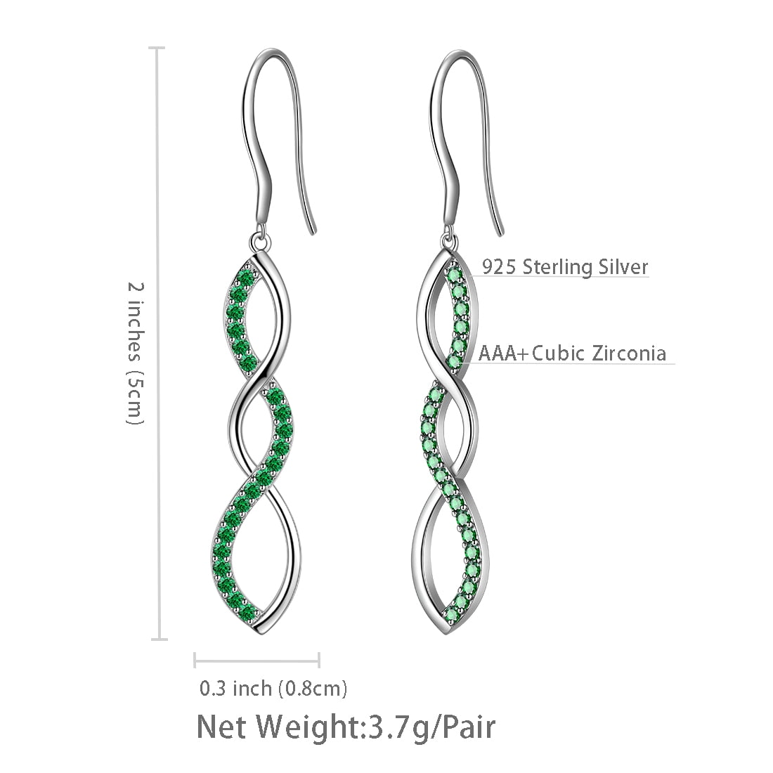Infinity Women Earring Dangle Green Long Drop Earring 925 Sterling Silver Hook Jewelry Mother Wife Christmas Valentine's Day Gift for Her