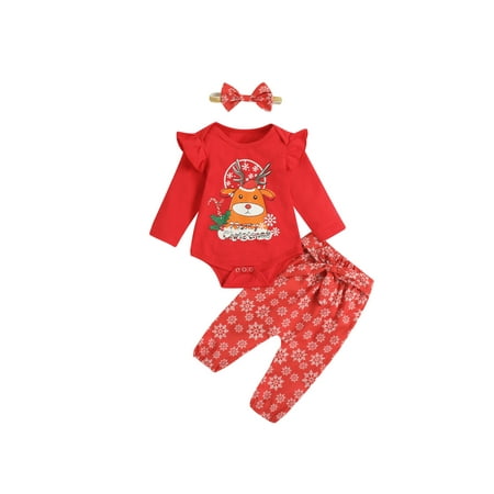 

3 Pcs Newborn Baby Christmas Outfits Elk Print Fly Sleeve Round Neck Playsuit + Trousers + Bow Headband