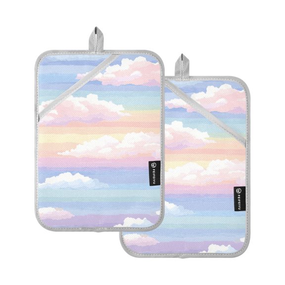 Rainbow Color Stripes with Clouds Potholders Heat Resistant Pot Holder Set of 2 Oven Hot Pads with Pocket