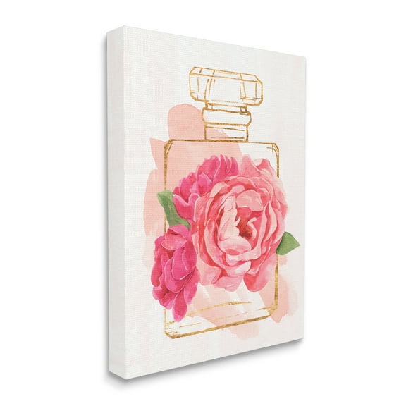Stupell Industries Golden Perfume Bottle Glam Pink Floral Bloom Canvas Wall Art, 36 x 48, Design by Annie Warren