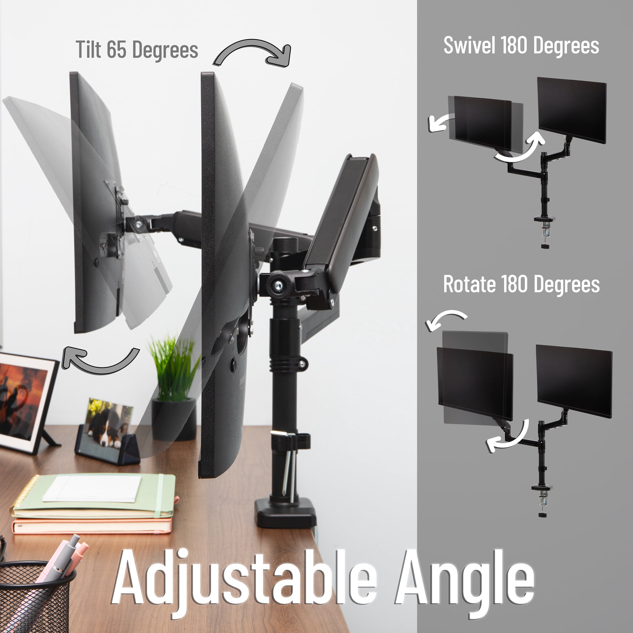 Mind Reader Dual Monitor Arm for 13–32 Inch Screens, Gas Spring VESA Desk Mount, ±180° Rotation, ±65° Tilt, ±180° Swivel, Holds up to 19.8 lbs Each, Black