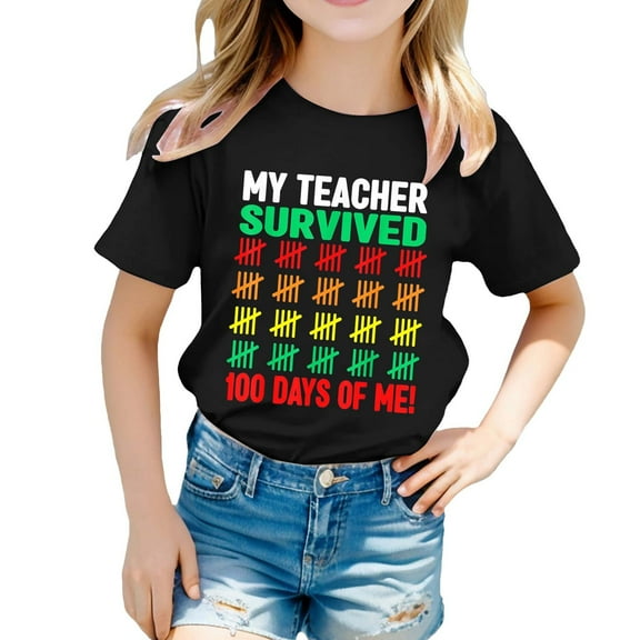 Toddler Girls Tops & T-Shirts 100 Days Of School Print Round Neck Short Sleeve Casual Tshirts Holiday Wear,Black,3-4 Years