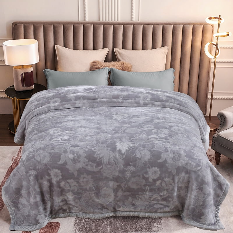 Heavy Thick Fleece Blanket King Size, 10.5lbs,2 Ply A & B Pattern Silky Soft Warm Reversible Raschel Winter Blanket, Minky Soft Plush Blanket for Sofa Bed, 87"x94", Gray
