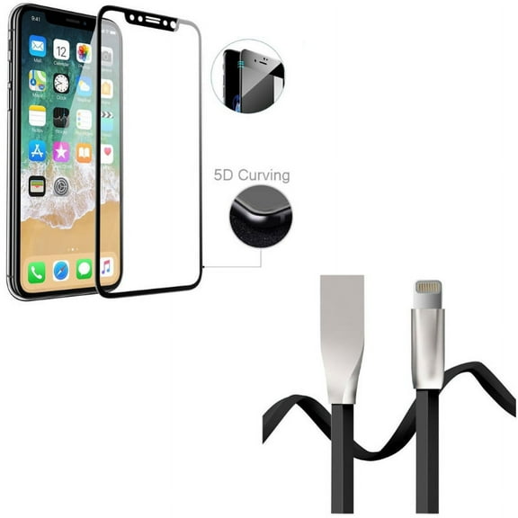 iPhone XS/X - Tempered Glass Screen Protector w 6ft USB Cable - 5D Touch Curved Edge Full Cover Bubble Free Case Friendly 9H Hardness, Flat Charger Cord Power Wire Sync Zinc Alloy