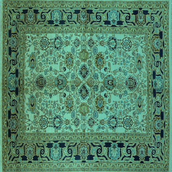 Ahgly Company Machine Washable Indoor Square Oriental Turquoise Blue Traditional Area Rugs, 5' Square