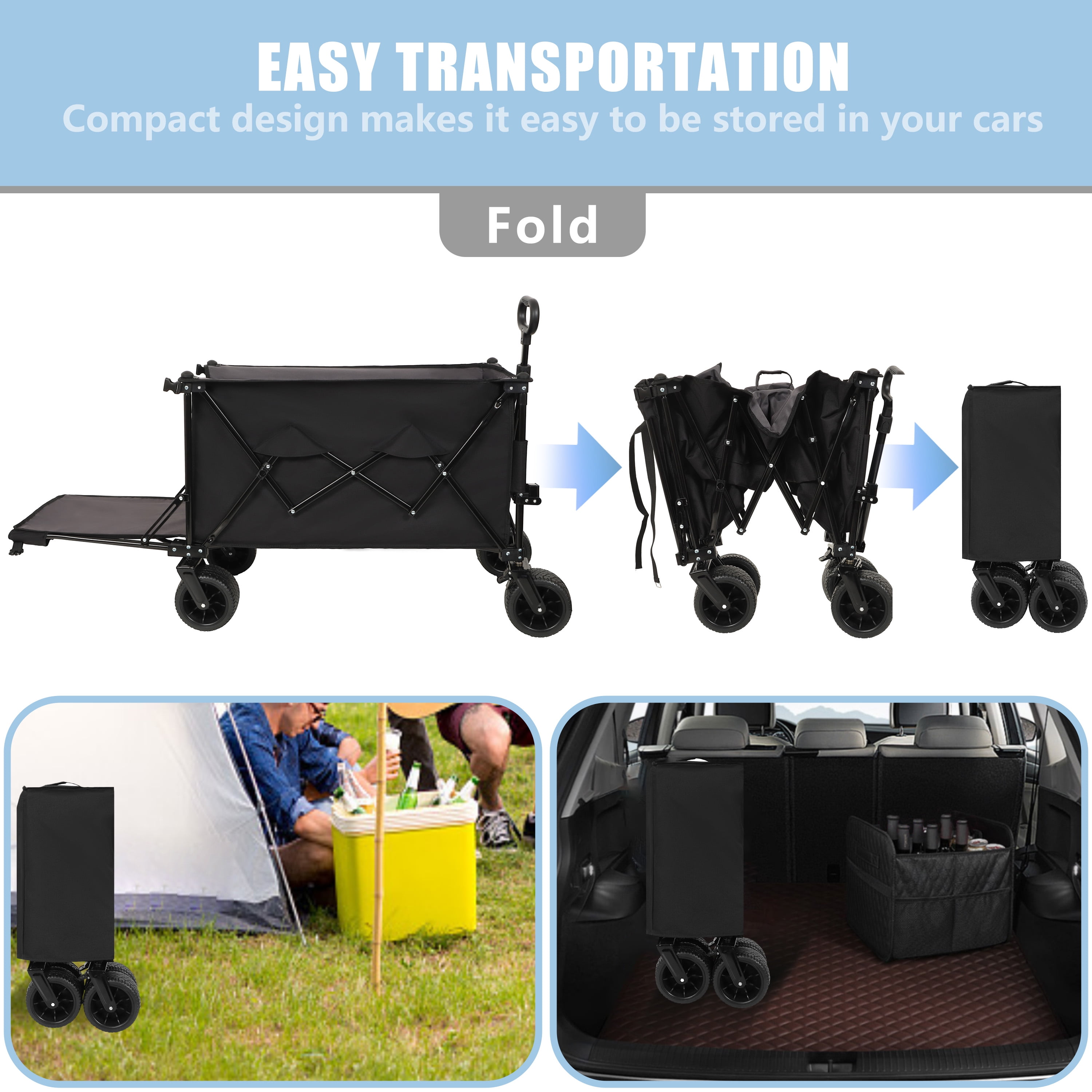 Foldable Wagon with Extended Tailgate, 480LBS Heavy-Duty All-Terrain Cart, Large Beach Wheels, Expandable Utility Wagon for Outdoor Activities