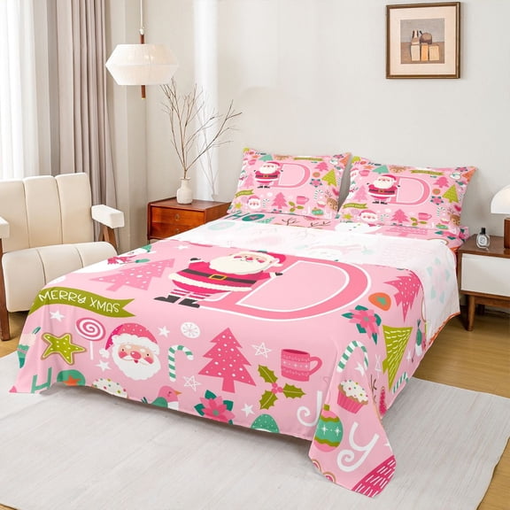 Castle Fairy Personalized Initial D Twin Sheet Sets 3pcs for Boys Girls,Cartoon Santa Claus Deer Twin Fitted Sheet Microfiber,Merry Christmas Breathable Flat Sheet,Super Cozy Room Decor