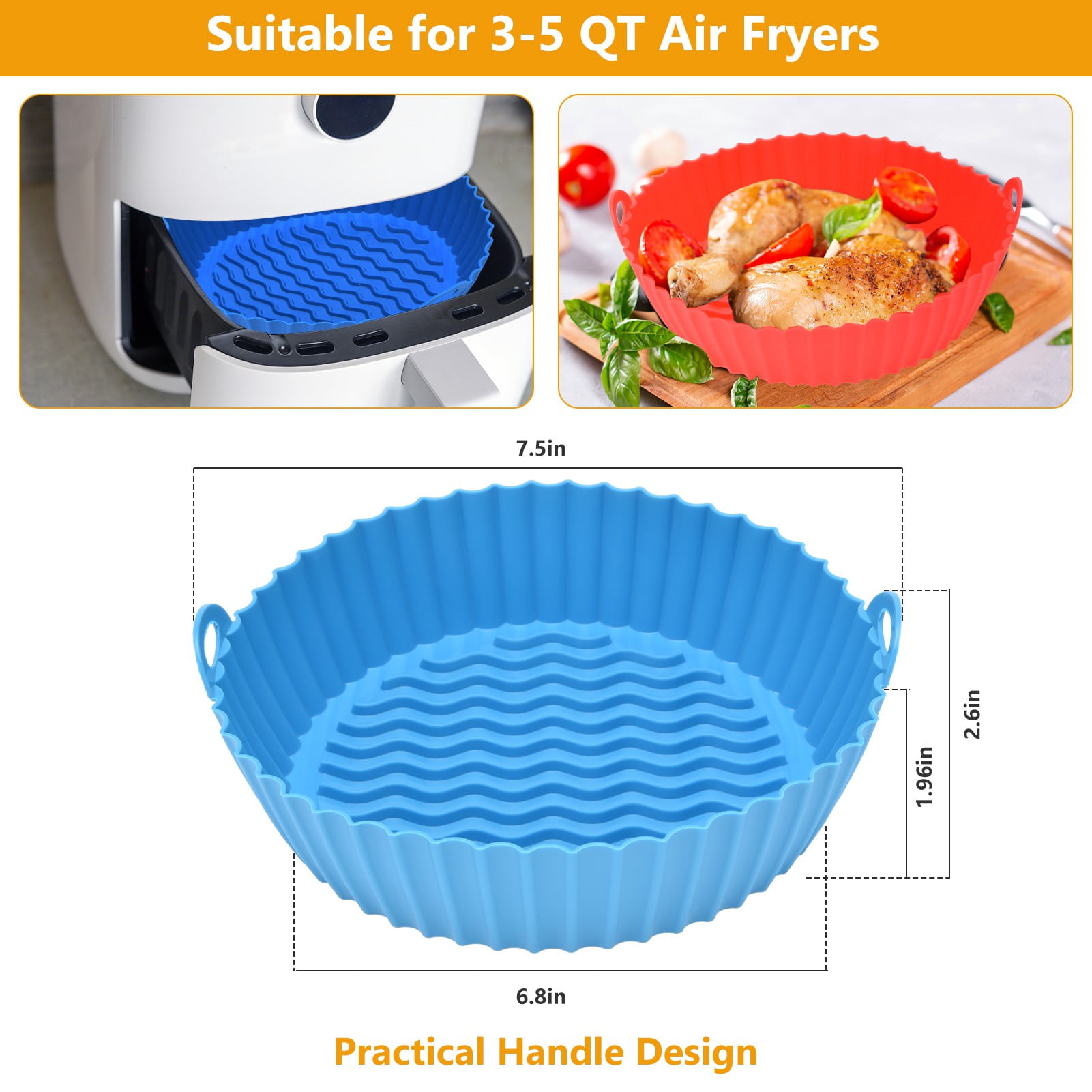 AOWOO 3 Pack Air Fryer Silicone Liners Pot for 3 to 5 QT, Air Fryer Silicone Basket Bowl, Replacement of Flammable Parchment Paper, Reusable Baking Tray Oven Accessories (Top 7.5in, Bottom 6.8in)