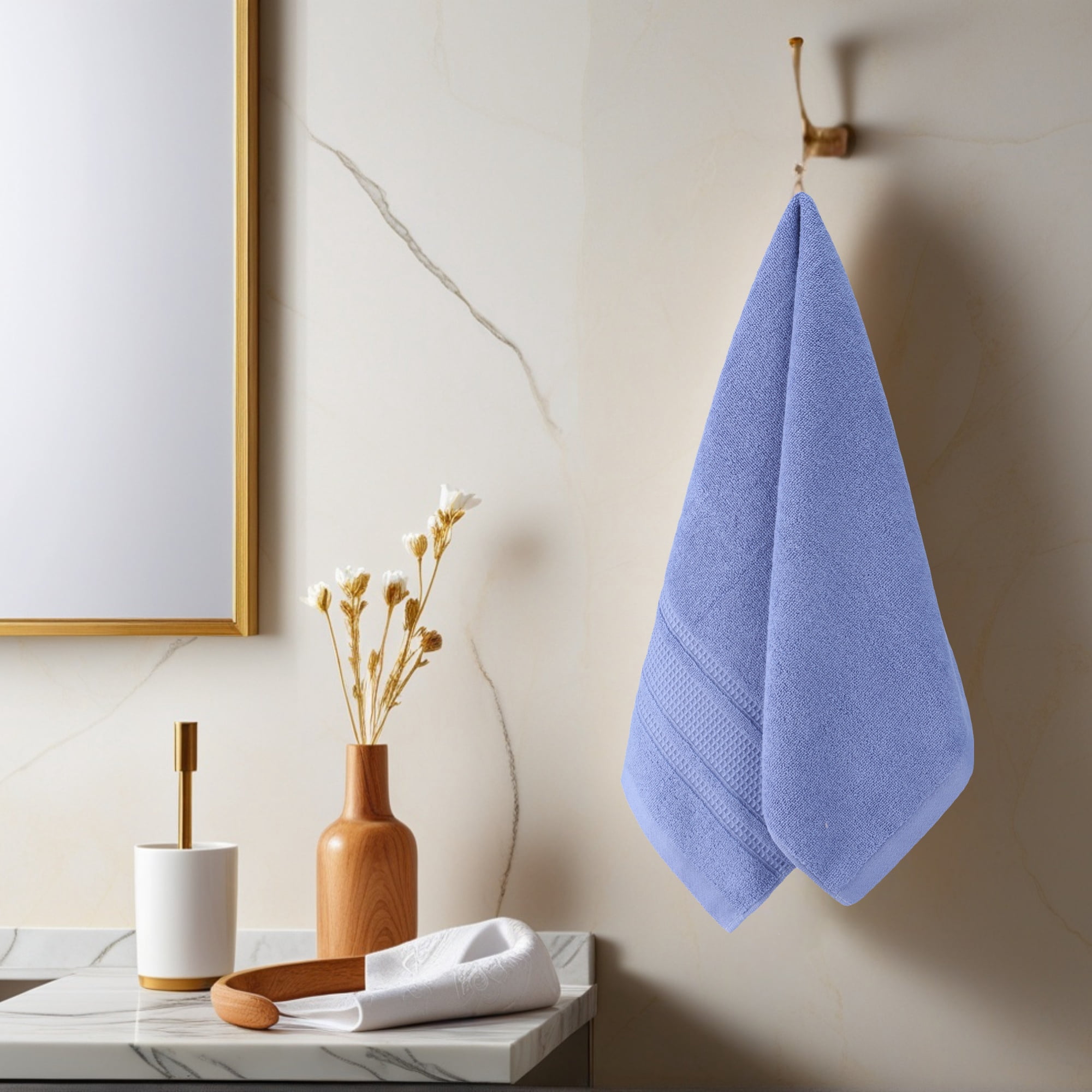 Unique Bargains 4 Pcs Solid Cotton Soft Waffle Hand Towels 13" x 29" Dark Blue/Beige