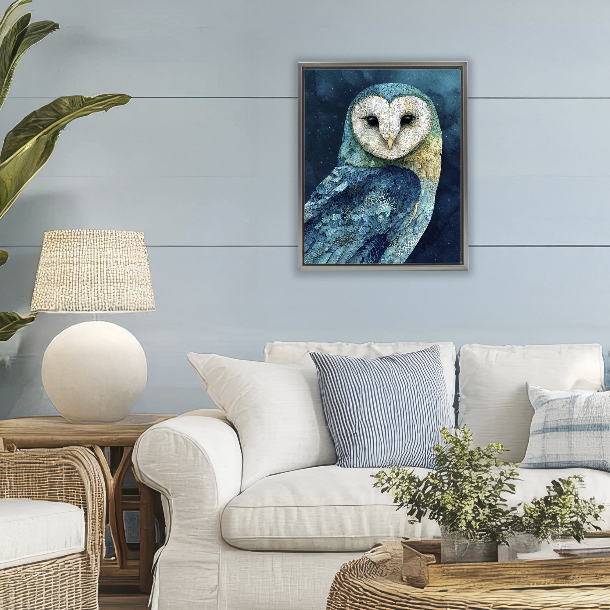 Stupell Industries Cerulean Blue Owl Gray Framed Floater Canvas Wall Art, design by Franklyn Gregory