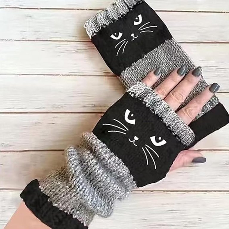Cat Fingerless Gloves,Cat Splicing Knitted Gloves Warm Glove