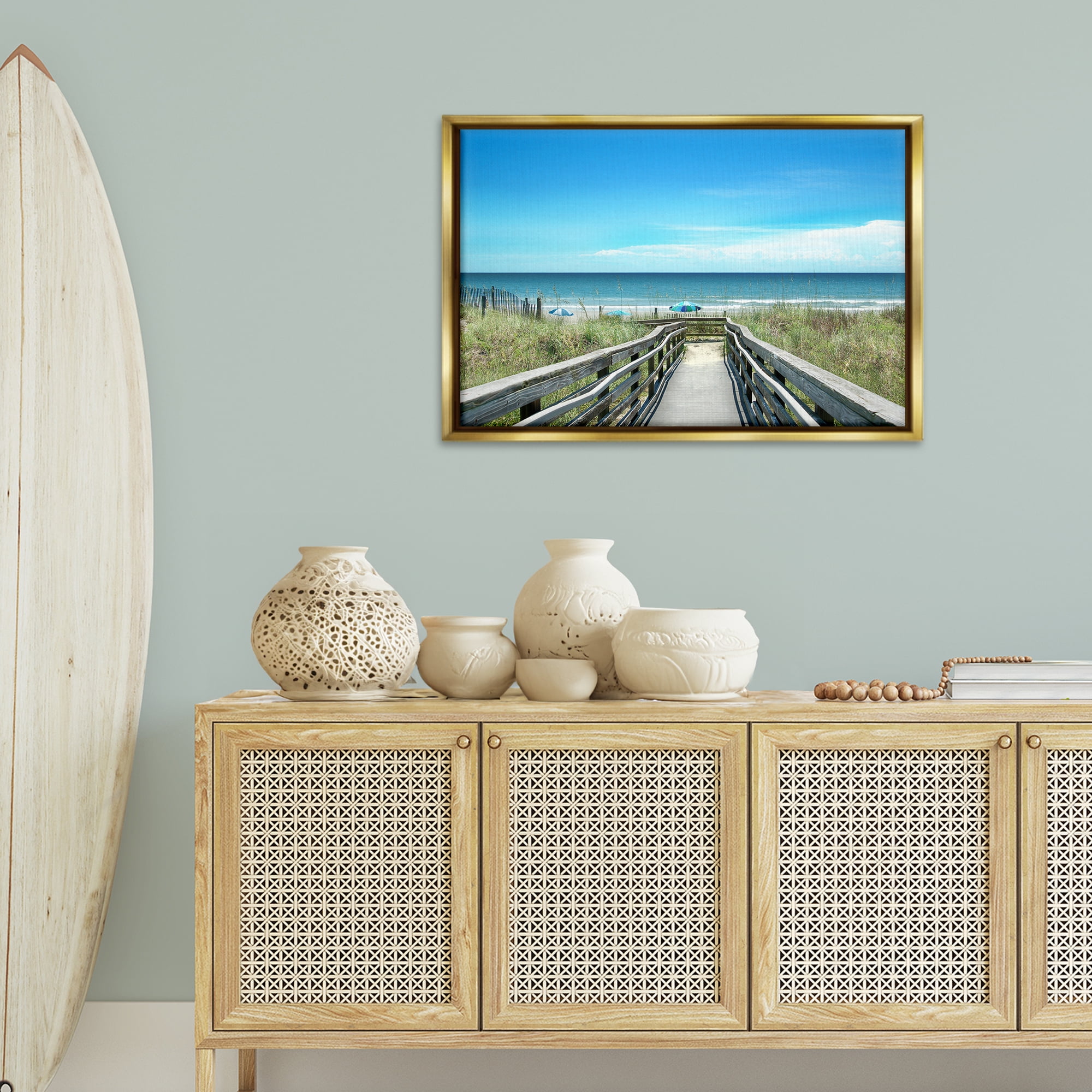 Stupell Industries Bridge to Beach View Landscape Photography Gold Floater Framed Canvas Art Print Wall Art, 31 x 21