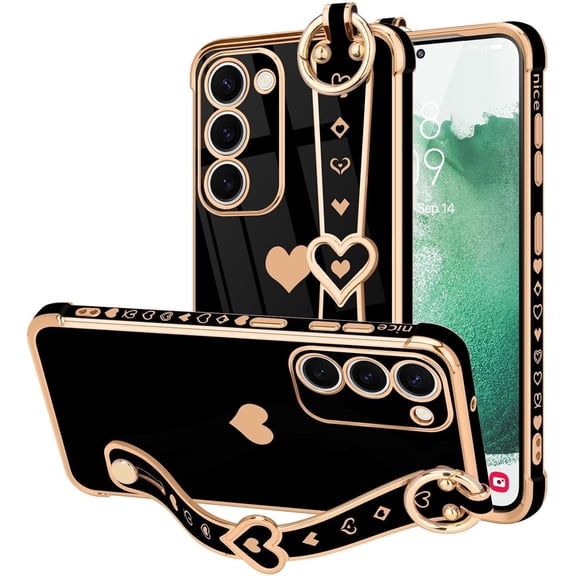 Samsung Galaxy S22 Plus Case, Cute Love-Heart Plating, Shockproof Bumper, Wrist Strap for Women & Girls