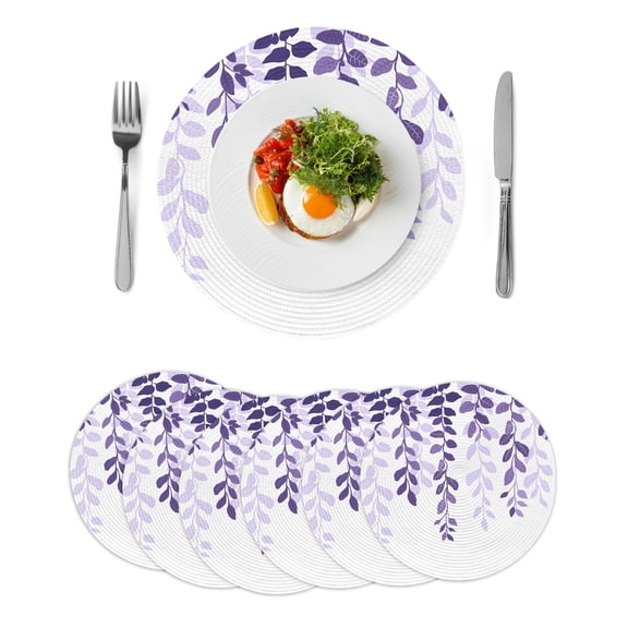 Purple Ombre Botanical Round 13 Inch Placemats Set of 6, Watercolor Country Pastoral Leaf HeatResistant Non Slip Place Mats for Dining Table, Wipeable Braided Kitchen Table Mats for Housewarming