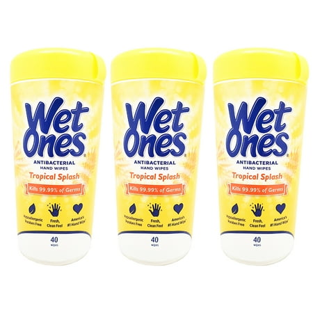 Wet Ones Antibacterial Hand Wipes Canister. Fresh and Hypoallergenic. Tropical Splash Scent. 40 Wipes. Pack of 3
