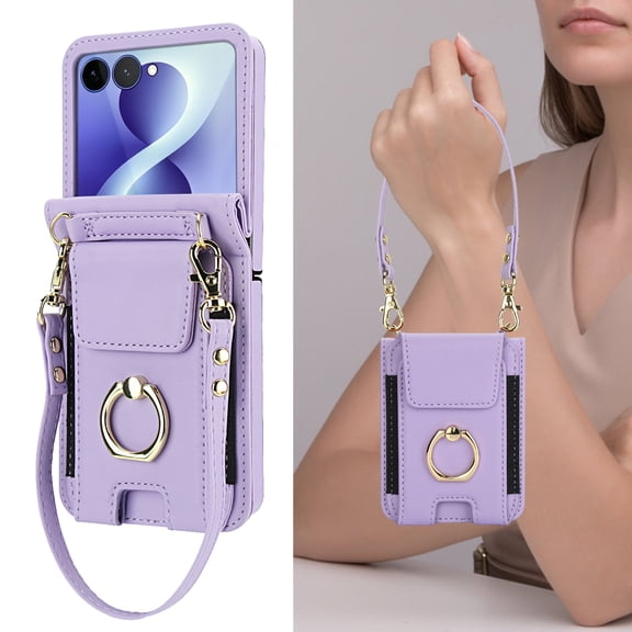 GJL Crossbody Wallet Case for Samsung Galaxy Z Flip8, PU Leather Shockproof Phone Cover with Card Holder Pocket, Ring Stand Kickstand, Purple