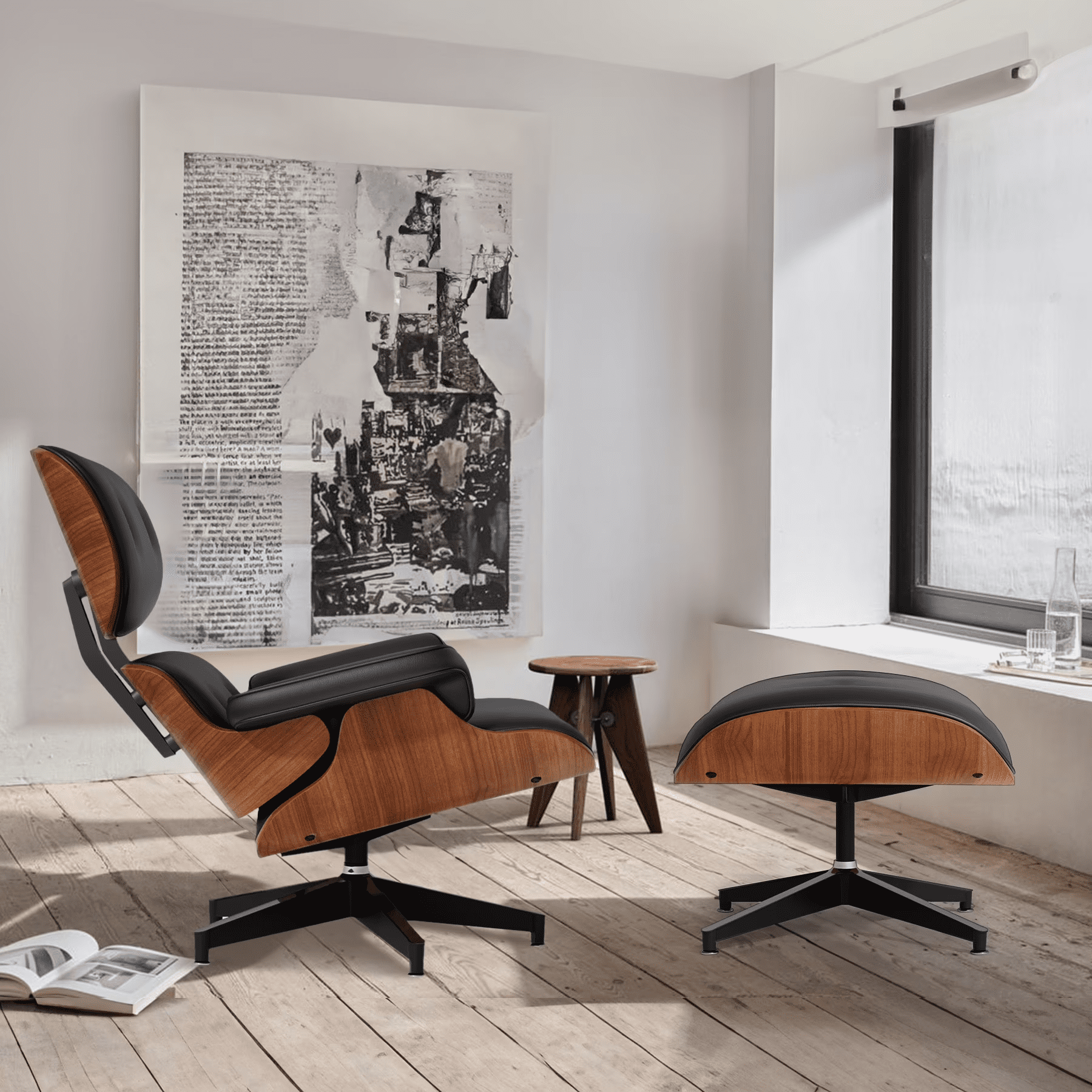 Genuine Leather Recliner with Matching Footrest, Mid-Century Vintage Design, Wide Cushioned Sides, Robust Metal Frame, Ideal for Family Room, Bedroom, Study