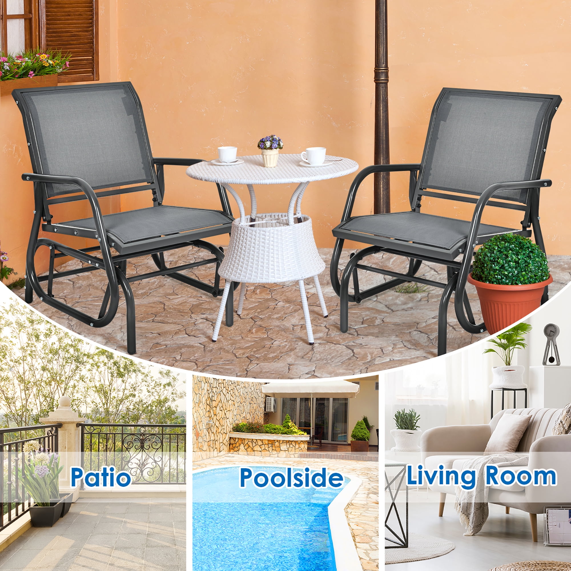 Costway Outdoor Single Swing Glider Rocking Chair Fabric Armrest Garden Porch Backyard Grey