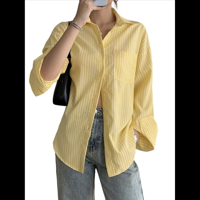 Camisas de Mujer con Botones, Camisas Formales A Rayas, Mangas Largas, Solapas, Camisas de Oficina, Blusas Amarillo XL