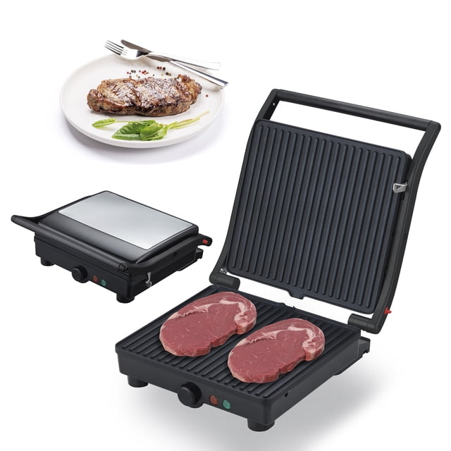 Parrilla Grill Extra Grande Paninera Electrica Nevashel Kitchen AD-23 Apertura 180° Para Usar Como Grill Premium Carne Panini Placa Antiadherente Ideal Para Eventos Reuniones Y Comidas Familiar Cocina