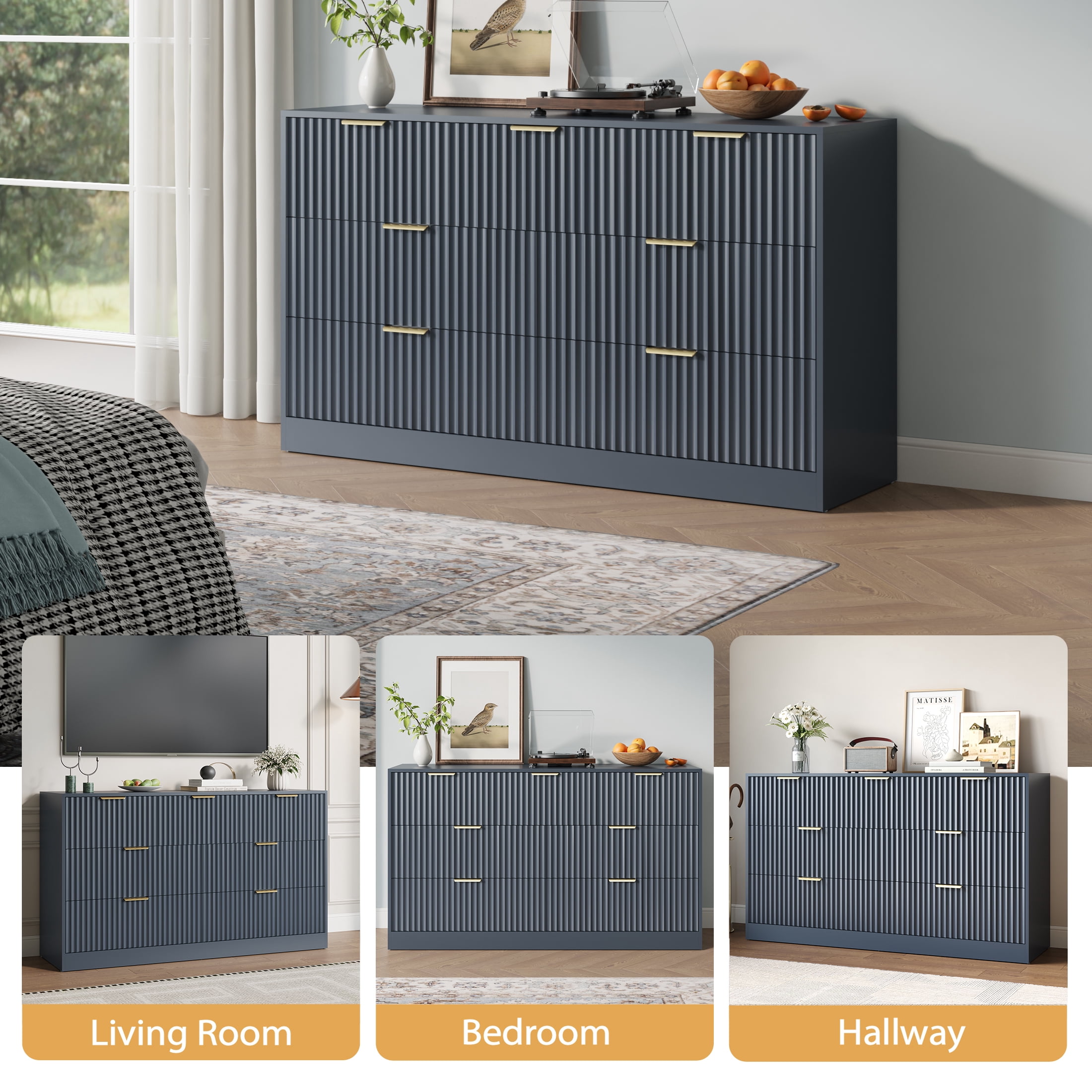 YouTrend 55.1"W Fluted Dressers for Bedroom with 7 Drawers,Modern Chest of Drawer TV Stand for Adults,Wood Clothes Storage for Living Room,Blue