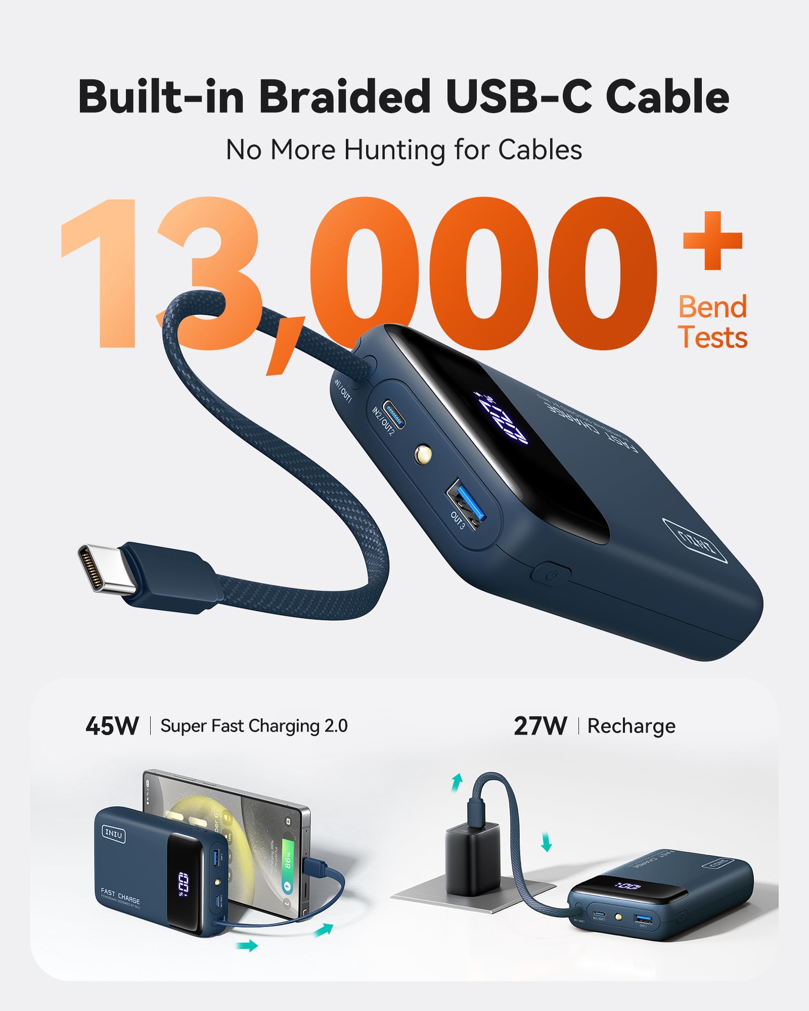 INIU 20,000 mAh Portable Power Bank with Built-in Cables, 45W Fast Portable Charger with USB-C, Battery Pack with LED Display Compatible with iPhone and Android Phone,Hiking,Travel Essentials,Blue