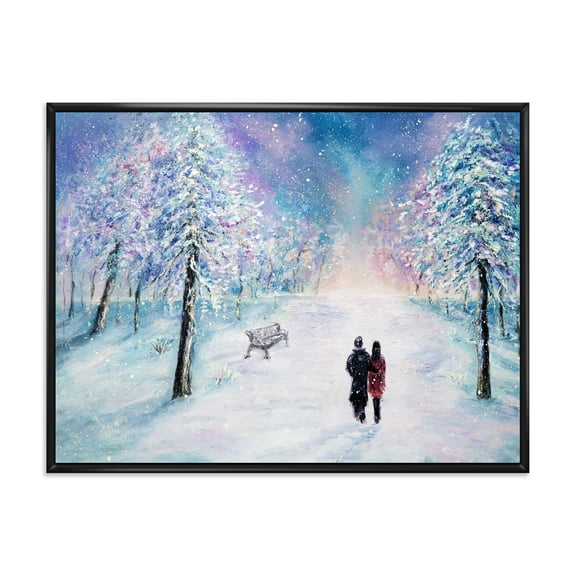 Couple In Love Walks During Snowy Winter Times 20 in x 12 in Framed Painting Canvas Art Print, by Designart