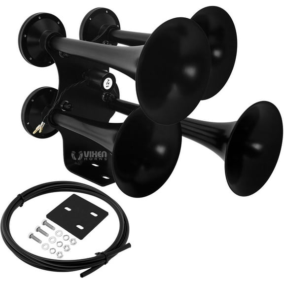 Vixen Horns Train Horn for Truck/Car. 4 Air Horn Black Heavy Duty Trumpets. Super Loud dB. Fits 12v Vehicles like Semi/Pickup/Jeep/RV/SUV VXH4318B