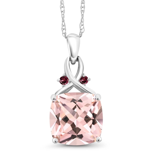 Gem Stone King 10K White Gold Peach Nano Morganite and Red Rhodolite Garnet Pendant Necklace for Women (4.39 Cttw, Gemstone October Birthstone, Cushion Cut 10MM, with 18 inch Chain)