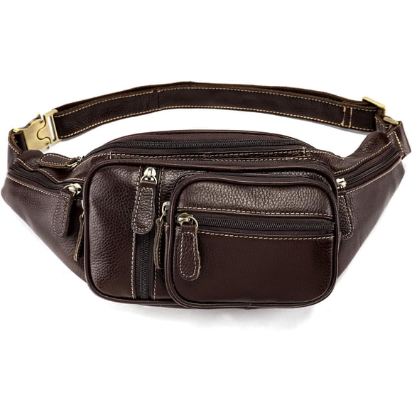 MARRANT Cangurera de Cuero Genuino para Hombre, Bolsa de Cintura Cruzada de Gran Capacidad con Múltiples Bolsillos con Zíper, Color Café