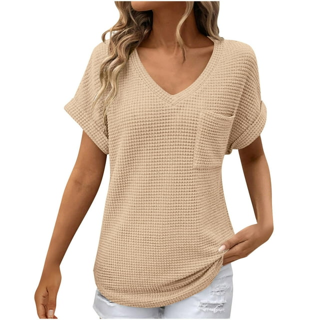Timegard Hauts pour Femmes Col en V Manches Courtes Ajusté Confortable Couleur Unie Tunique Décontractée Hauts Mode d'Été