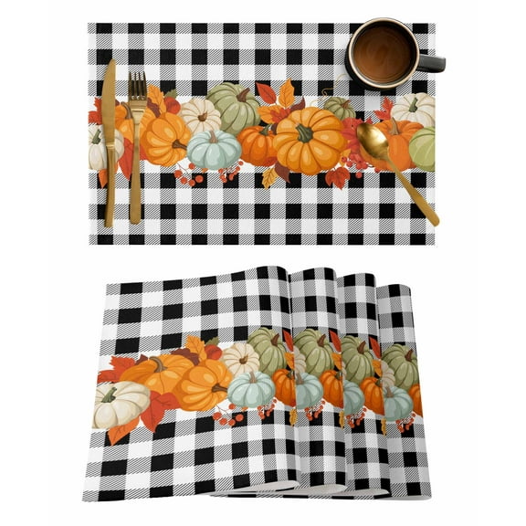 Thanksgiving Pumpkin Placemats Set of 2 Orange Pumpkins Leaves Black Plaids Heat Insulation Washable Place Mats, Rustic Non-Slip Table Mats for Dining Table Party Kitchen Decor,13x19 Inch
