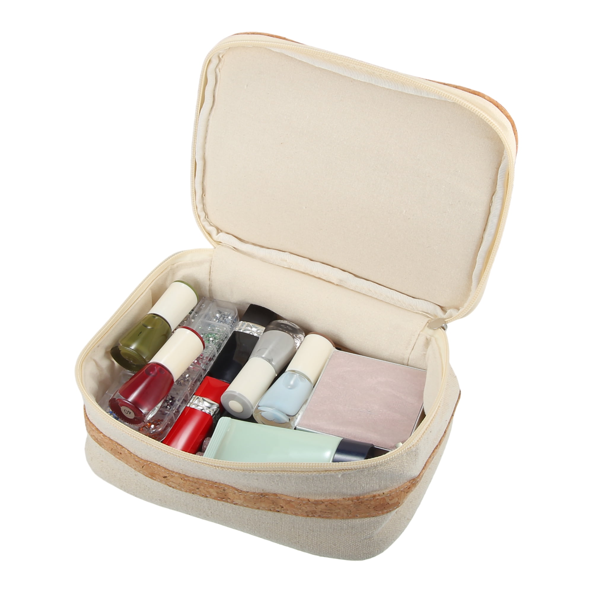 Unique Bargains Makeup Bag Toiletry Bag Wood Grain Pattern 8.54"x3.94"x6.02" Canvas Beige