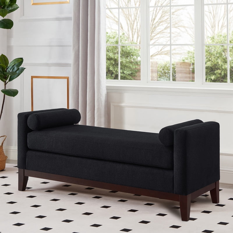 51" Storage Ottoman Bench with Arms and Pillows, Large Boucle Upholstered Tufted End of Bed Bench with Thick Padded Seat for Entryway, Living Room,Bedroom, Black