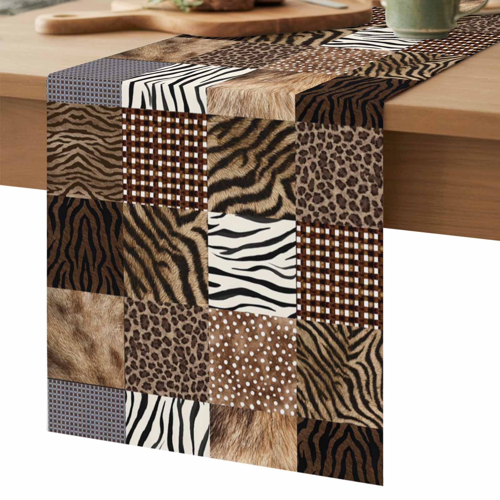 Animal Print Plaid Table Runner, Modern Geometric Leopard Print Washable Cotton Linen Table Runners 90 Inches Long, Dresser Scarf Runner for Dining/Coffee/Kitchen/Hallway Tables 13''x90''