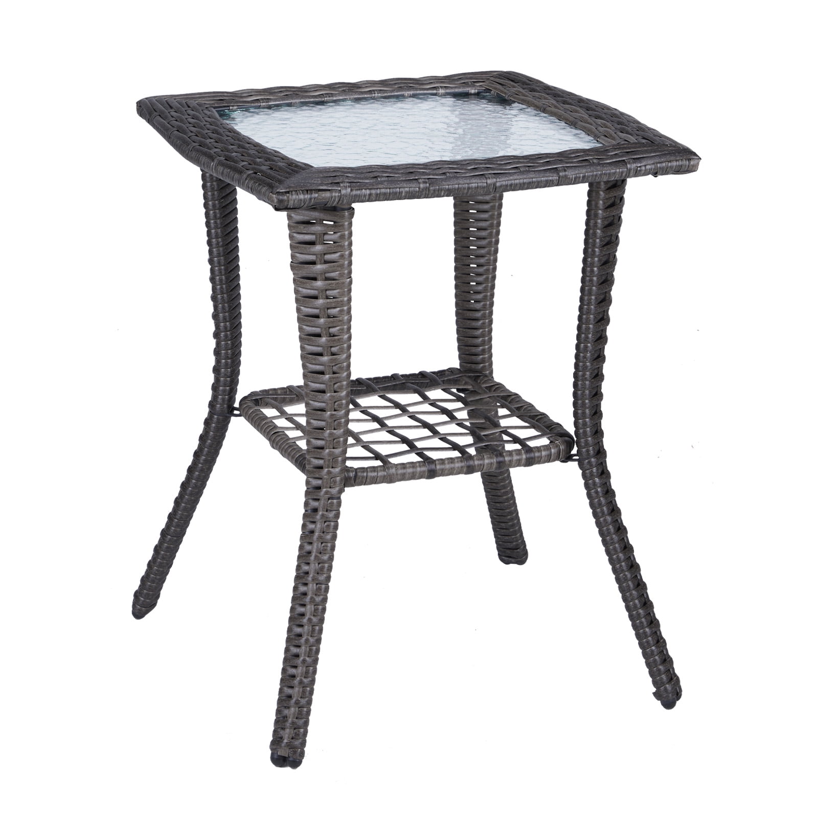 Wicker Side Table with Glass Table Top, Square PE Rattan Outdoor End Table for Patio, Garden, Poolside, Deck w/UV-Resistant Frame, Storage Space, Gray