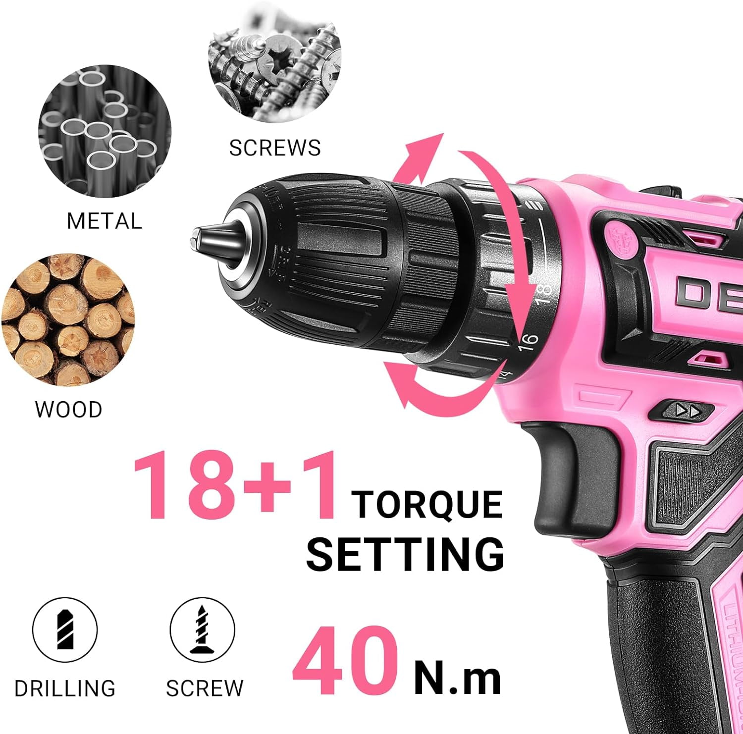 Power Drill Cordless: DEKO PRO Pink Cordless Drill 20V Electric Power Drill Set Tool for Women Drills Cordless with Battery and Charger Drill Driver 20 Volt Drill Driver Kit