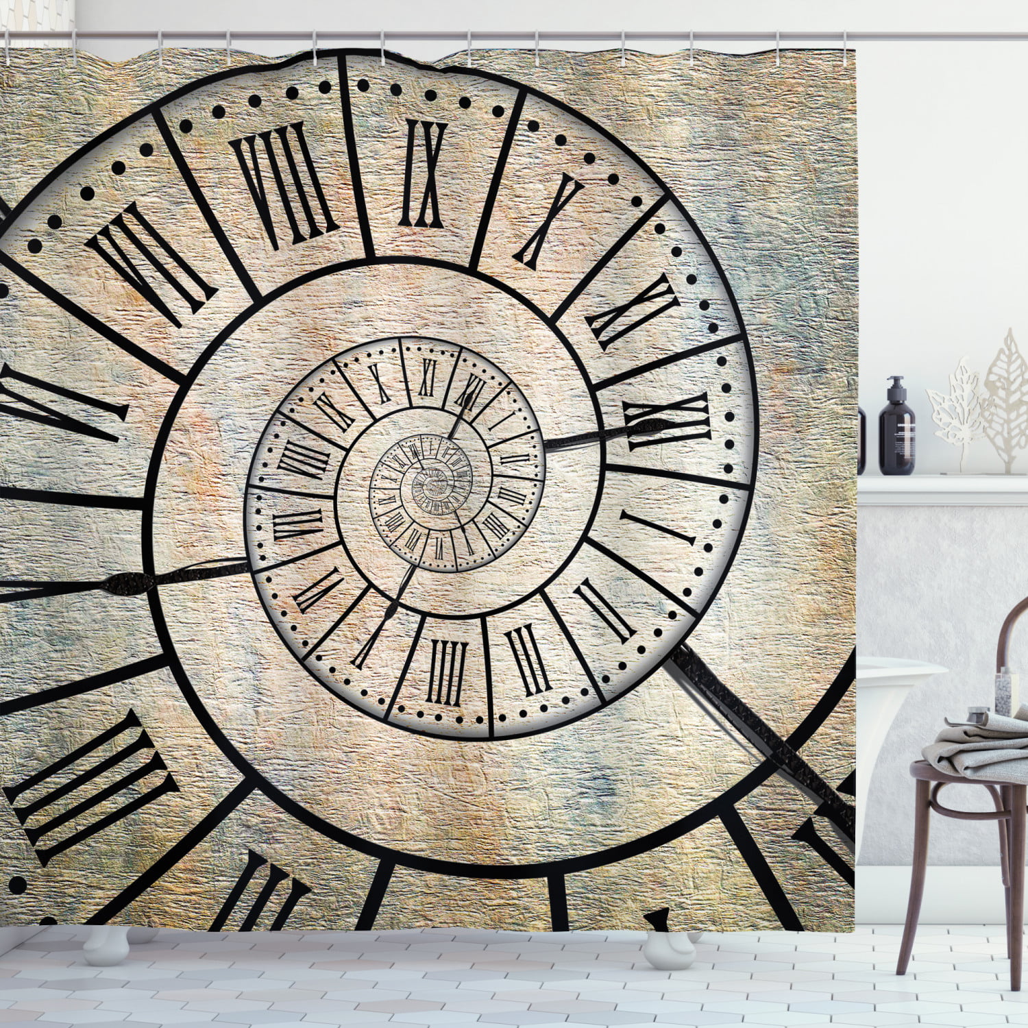 Clock Shower Curtain, A Roman Digit Time Spiral on the Vintage Textured ...