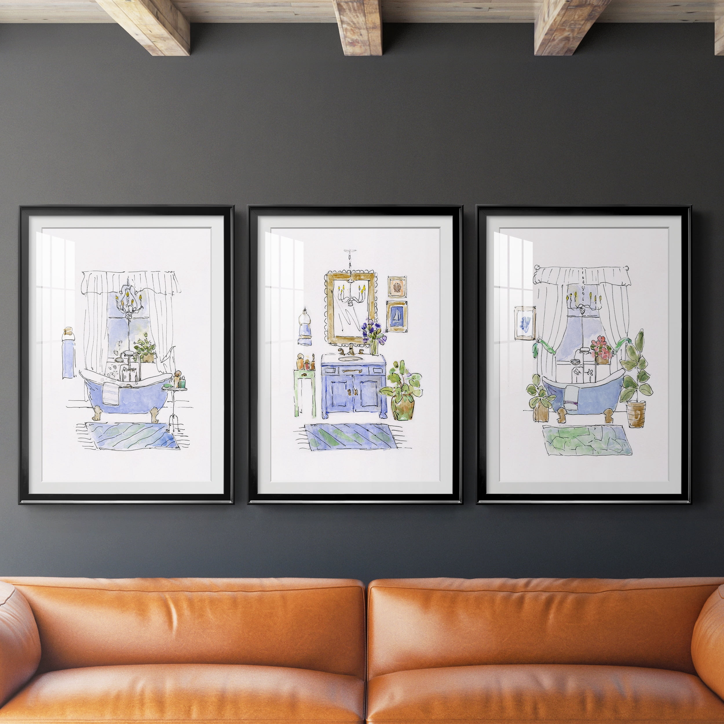 Sketchy Bath I Premium Framed Prints Set of 3 - Ready to Hang - 30.5 x 42.5 Each - Black Frame