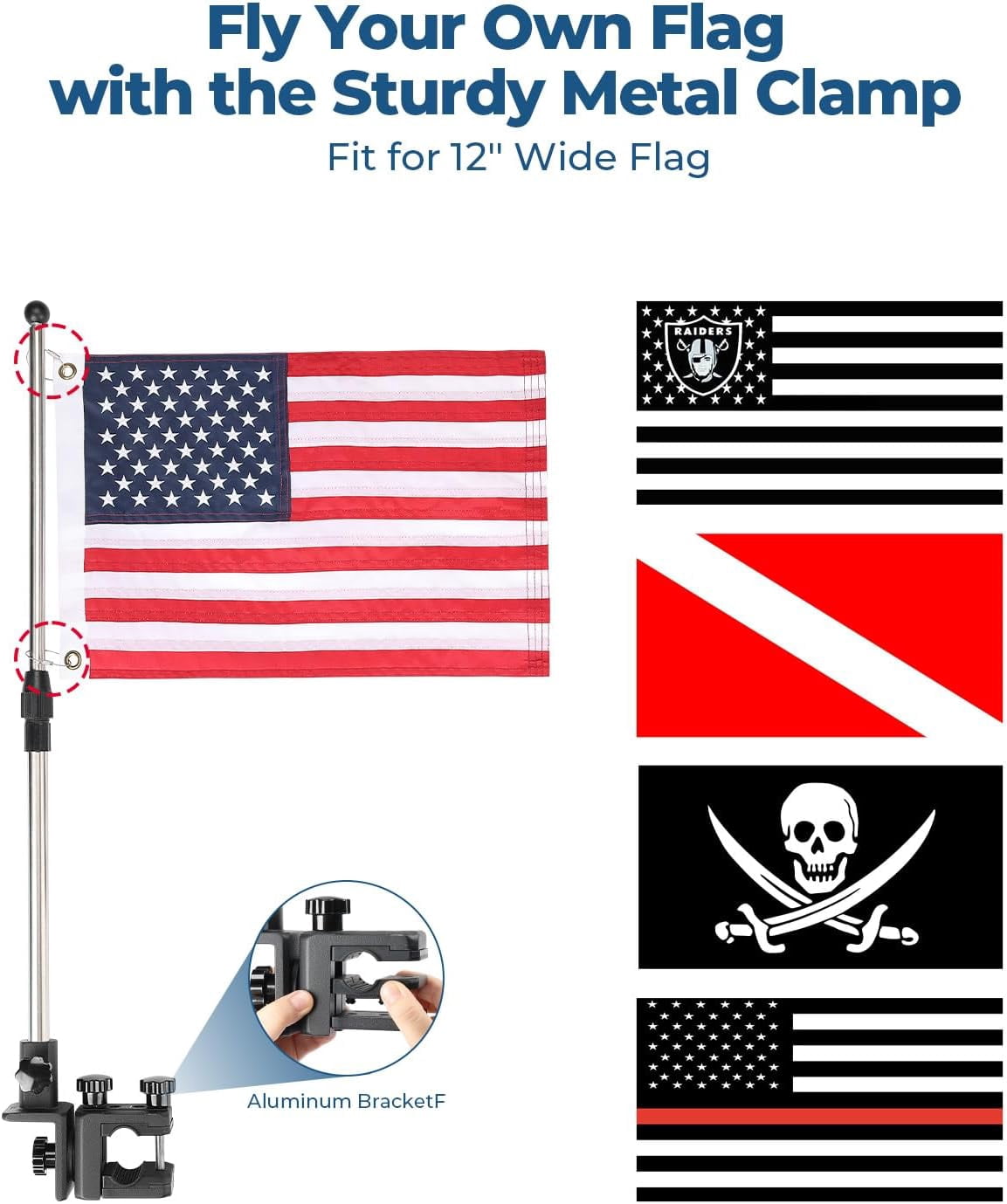 KEMIMOTO Boat American Flag Pole Kit, 360° Adjustable 12''x18'' Pontoon Boat Flag, US Flag Holder for 0.8''-1.35'' Round/Square Rails, 2.5ft Golf Cart Flag Pole for Boat & Golf Cart