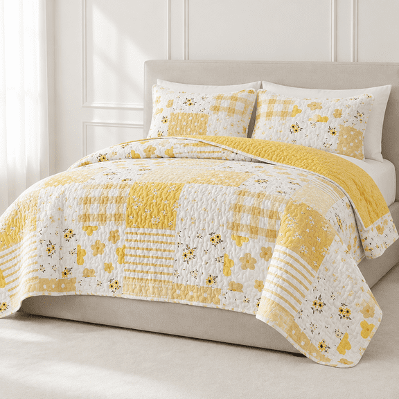 Flpatchwork Quilt Set Size 2 Pieces Yellow Flower Plaid Bedspread Coverlet Lightweight Softfiber Bed Cover For (68" X 86" 1 Quilt