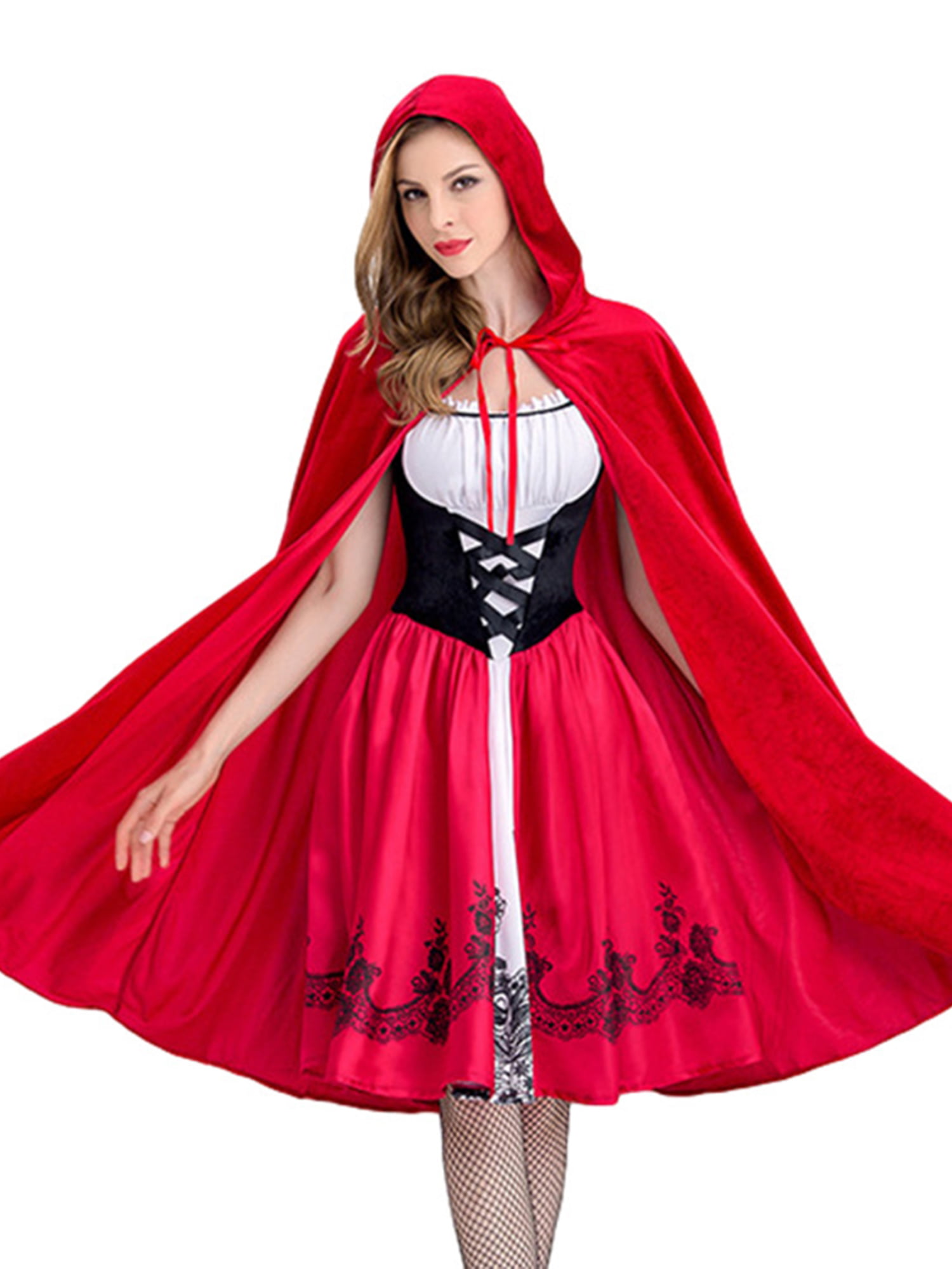 Ladies Long Red Riding Hooded Shoulder Cape Fairytale Book Fancy Dress Costume 