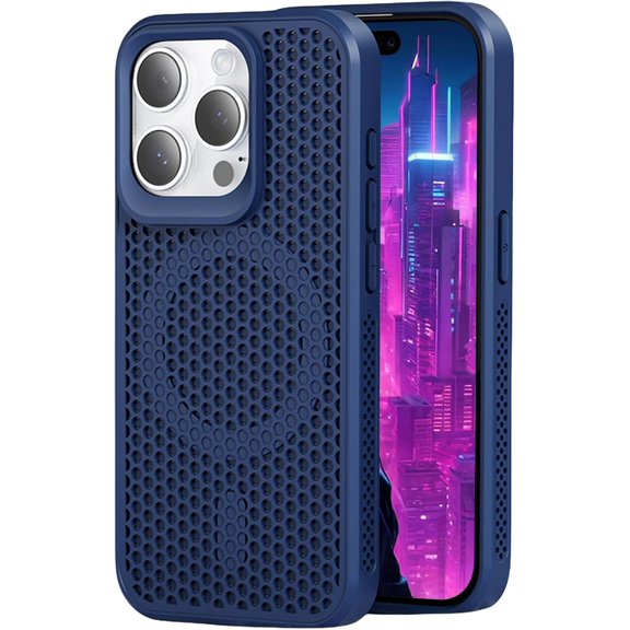 Magnetic Cooling Case for iPhone 16 Pro Max/Apple 16 Pro Max, Hard PC Slim Cellular Hole Heat Dissipation Mesh Breathable Hollow Honeycomb Case for Apple iPhone 16 Pro Max SR-Blue