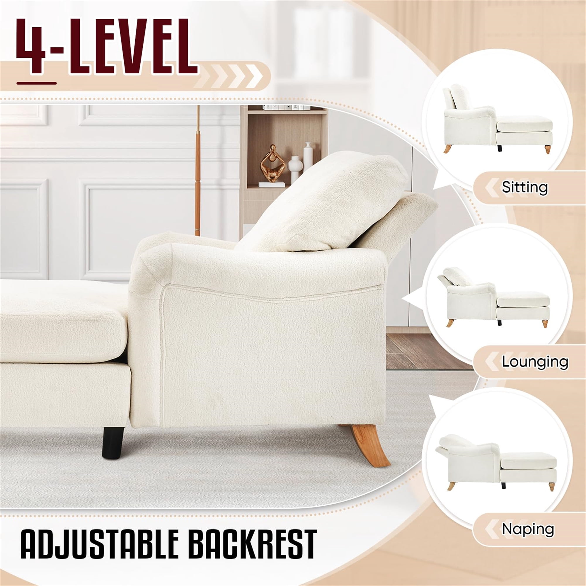 Aukfa Modern Oversized Chaise with Adjustable Backrest, Sleeper Chair Sofa Recliner for Living Room, Beige