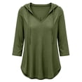 thumbnail image 5 of Women's Plus 3/4 Sleeve Tunic Tops Drawstring Hoodie V Neck Loose Fit Curved Hem Hooded Shirts to Wear with Leggings Fall Casual Outfits, Army Green, L, 5 of 10