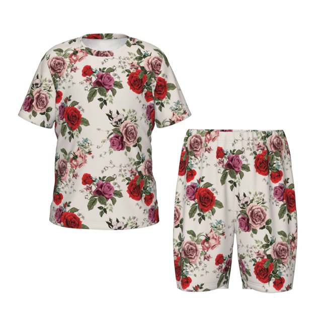 Fotbe Rose Flowers Pijama Estampada de 2 Piezas para Niños – Ropa de Dormir de Manga Corta Cómoda para Niños y Niñas, Camiseta y Shorts de Algodón-X-Large
