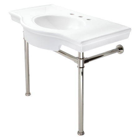Kingston Brass VPB1376ST Templeton 37" Ceramic Console Sink with Stainless Steel Legs (8-Inch, 3-Hole), White/Polished Nickel
