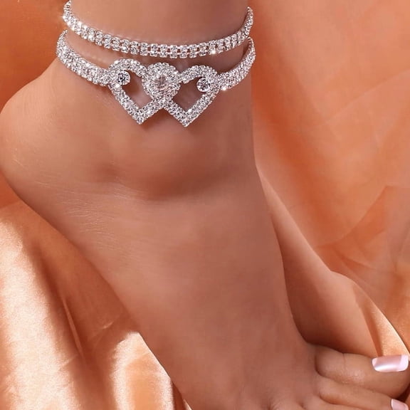 Heart Rhinestone Ankle Bracelets for Women, Adjustable Silver Shiny Tennis Anklets, Twinkle Cubic Zircon Diamond Anklet Foot Chain Jewelry Gifts