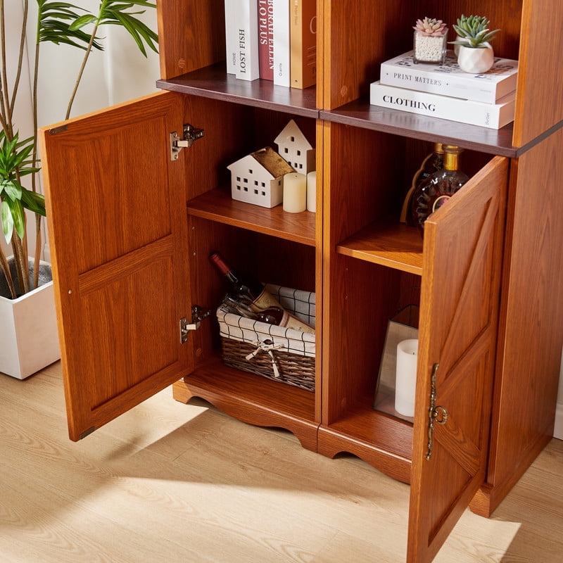 Farmhouse Storage Cabinet with Barn Door & Adjustable Shelf, Wood Bookcase for Home Office, Bookshelf with Open Display Cubbies