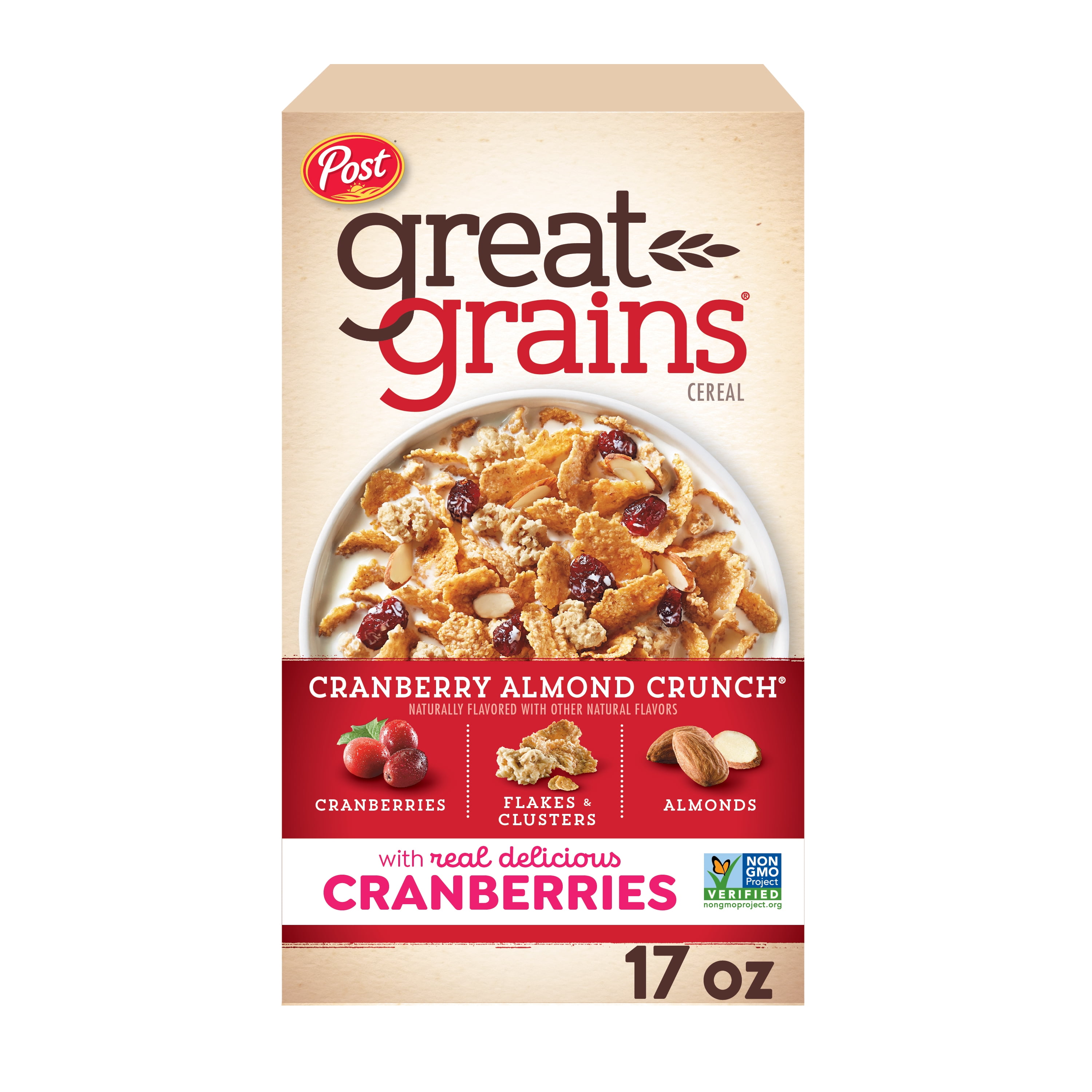 Post Great Grains Cranberry Almond Crunch Breakfast Cereal, Non GMO Project Verified, Heart Healthy, Low Fat, Whole Grain Cereal, 17 Ounce